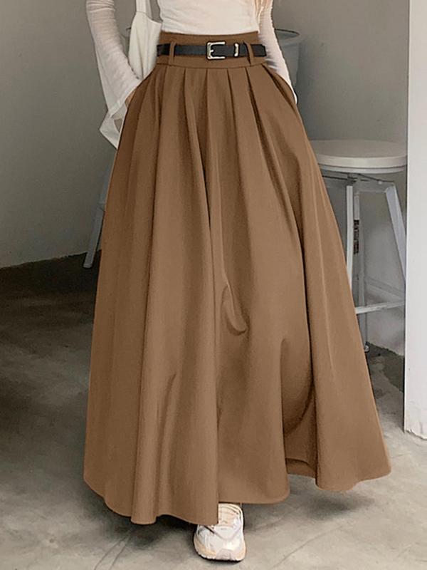 Women's Solid Pocket Zipper High Waist Pleated Skirt, Casual Fashion A Line Long Skirt for Daily Wear, Ladies Bottoms for All Seasons