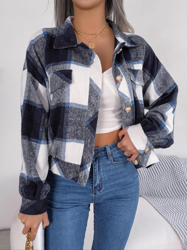 Women's Plaid Print Button Front Drop Shoulder Jacket, Casual Long Sleeve Collared Outerwear for Fall & Winter, Ladies Clothes for Daily Wear, Fall Clothes 2024