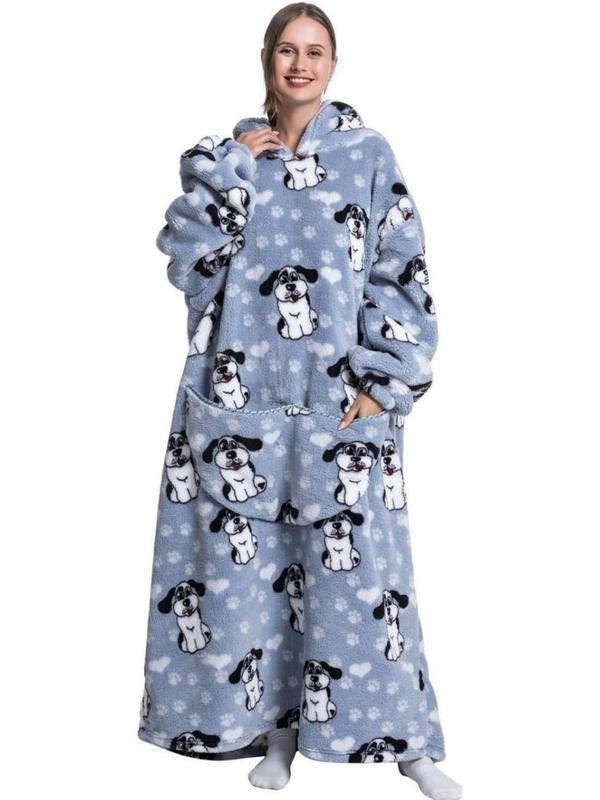 Couple's All Over Print Drop Shoulder Pocket Hooded Sleep Blanket for Nightwear, Halloween Casual Comfy Pocket Design Oversized Hooded Pajama Blanket, Couple Fall & Winter Sleepwear