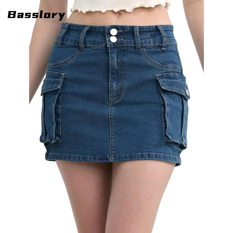 Women Mini Skirt Vintage Low Waist Cargo Skirt Summer Slim Fit Solid Color Skirt with Pockets for Club slim fit