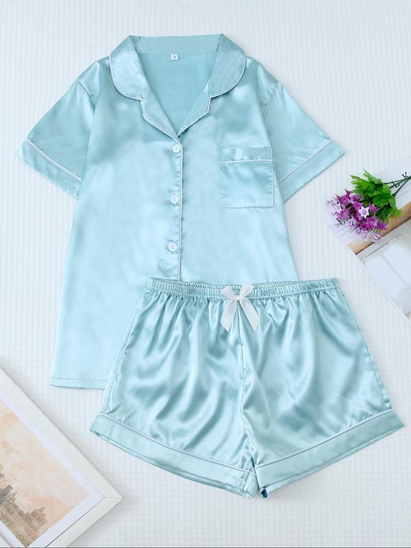 2 Counts Soft Satin Women's Basic Shortsleeve Pyjama Set, Lapel Button Front Shirt & Bow Decor Shorts Pajama Set, Lady Summer Lounge Set, Minimalist Womenswear Basic Comfort Loungewear, Back To School Wear, Please Purchase A Size Up