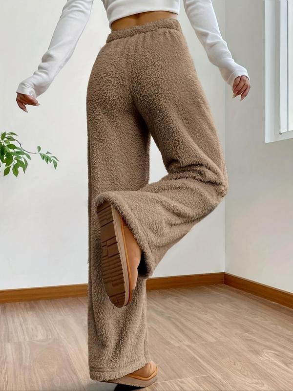 Women's Solid Color Drawstring Waist Wide Leg Pants, Casual Comfy Fuzzy Trousers for Fall & Winter, Women's Bottoms for Daily Wear