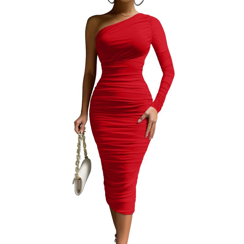 OYS Women's Elegant Bodycon One Shoulder Long Sleeve Ruched Midi Cocktail Party Dress