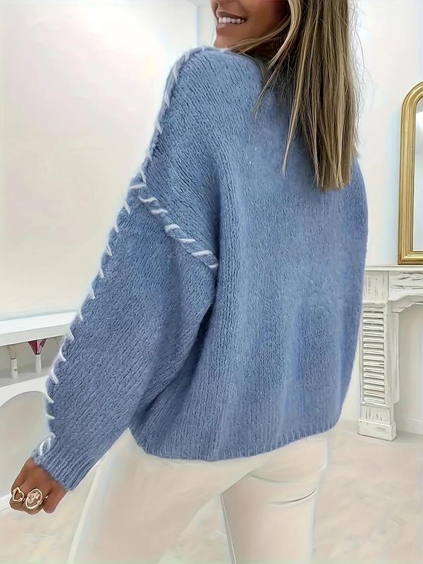 Women's Contrast Binding Drop Shoulder Sweater, Casual Long Sleeve Round Neck Jumper for Fall, Fall Outfits, Fashion Ladies' Knitwear for Daily Wear Fall Sweaters