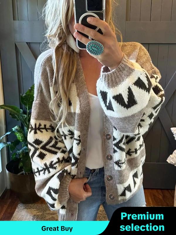 Women's Patchwork Geometric Print Button Front Cardigan, Casual Drop Shoulder Lantern Sleeve Knitwear for Fall, Fashion Ladies' Knit Clothing for Daily Wear, Preppy 80s Clothes