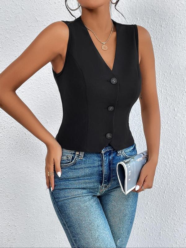 Women's Solid Button Front V Neck Vest Blazer, Casual Sleeveless Suit Vest for Daily Wear, Ladies Clothes for All Seasons