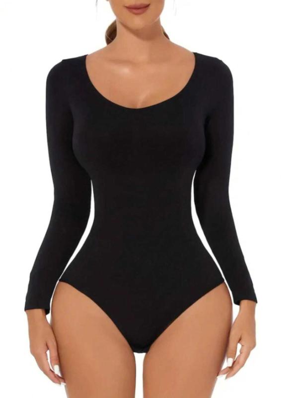 Women's Solid Round Neck Longsleeves Bodysuit, Long Sleeve Minimalist Shapewear, Casual Comfort Tummy Control Shapewear Underwear for Daily Wear