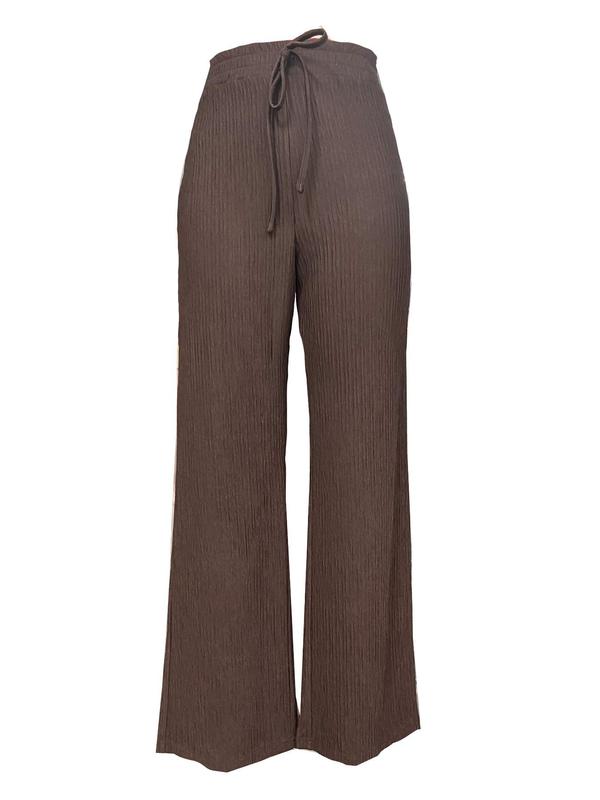 Women's Solid Textured Tie Front Wide Leg Pants, Casual Comfy Ribbed Trousers for Spring & Fall, Women's Bottoms for Daily Wear