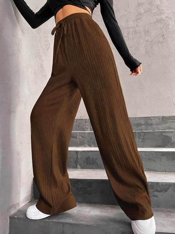 Women's Solid Textured Tie Front Wide Leg Pants, Casual Comfy Ribbed Trousers for Spring & Fall, Women's Bottoms for Daily Wear