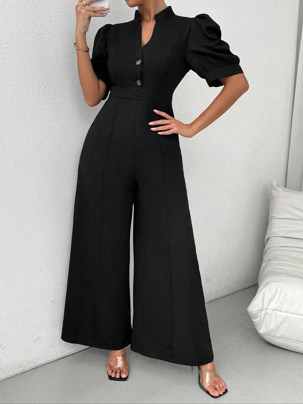 Women's Plain Notched Neck Puff Sleeve Jumpsuit, Casual Half Sleeve Button Front Jumpsuit for Spring & Fall, Women's Clothes for Daily Wear