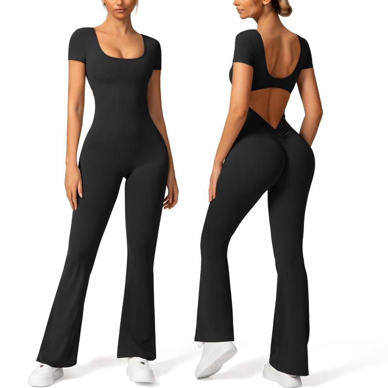 OEAK Flare Jumpsuits for Women Short Sleeve U-neck Sexy Backless Playsuit V Back Scrunch Butt Workout Bodycon Rompers