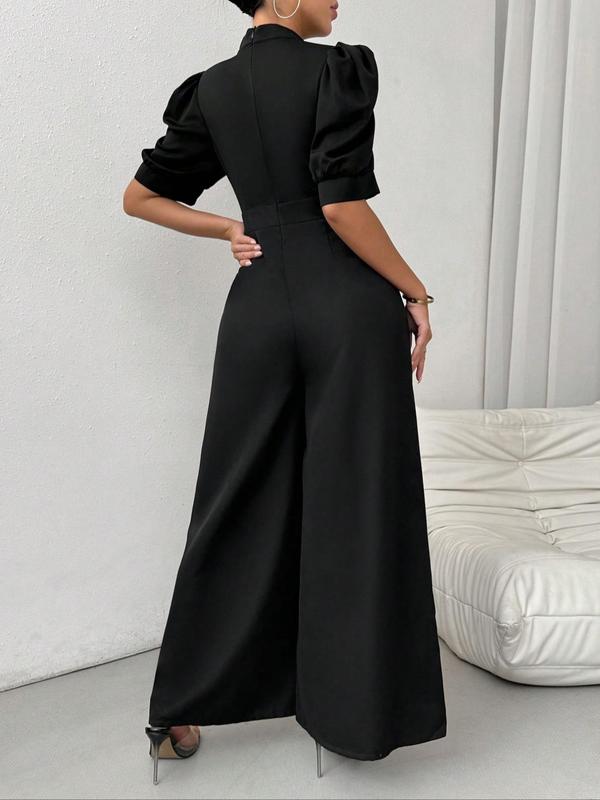 Women's Plain Notched Neck Puff Sleeve Jumpsuit, Casual Half Sleeve Button Front Jumpsuit for Spring & Fall, Women's Clothes for Daily Wear