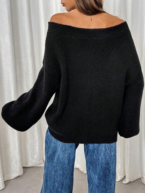 Women's Plain Off Shoulder Lantern Sleeve Sweater, Casual Long Sleeve Jumper for Fall & Winter, Fashion Ladies' Knitwear for Daily Wear