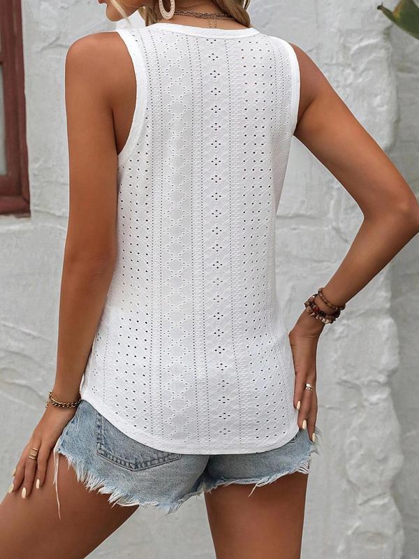 Women's Plain Eyelet Embroidery V Neck Tank Top, Summer Clothes Women, Casual Sleeveless Top for Summer, Women's Clothing for Daily Wear