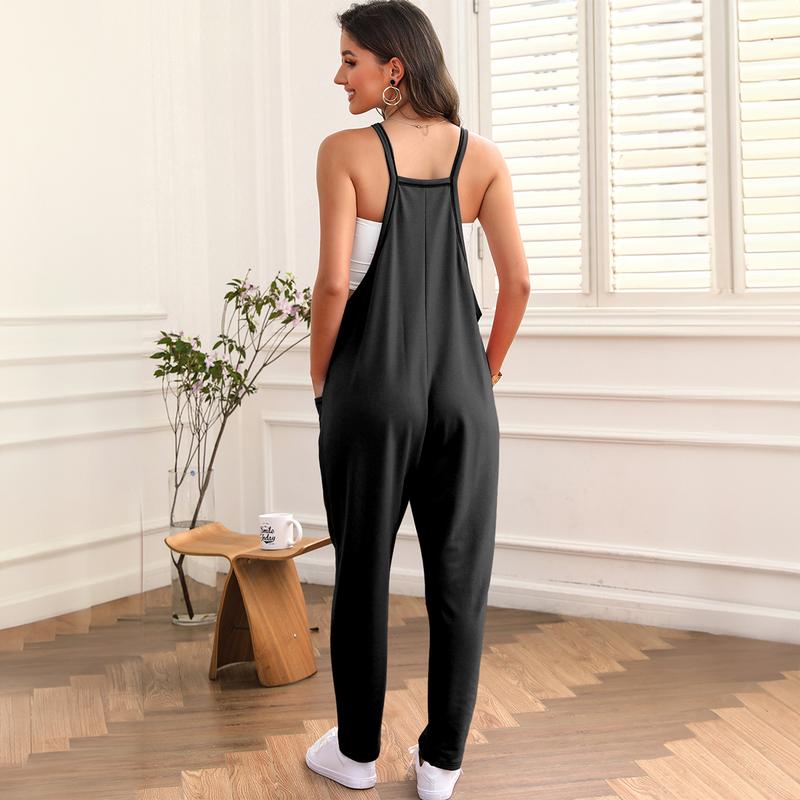 Women's Black Side Pocket Sleeveless Harem Casual Jumpsuit.