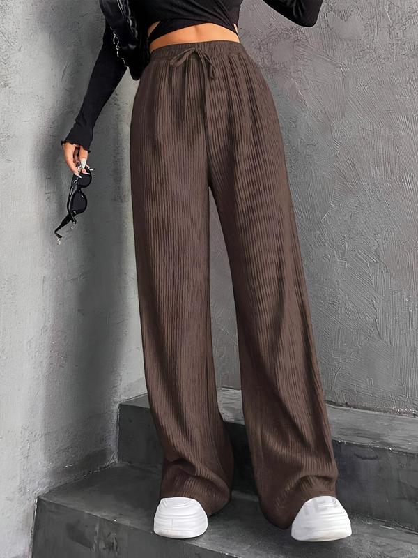 Women's Solid Textured Tie Front Wide Leg Pants, Casual Comfy Ribbed Trousers for Spring & Fall, Women's Bottoms for Daily Wear