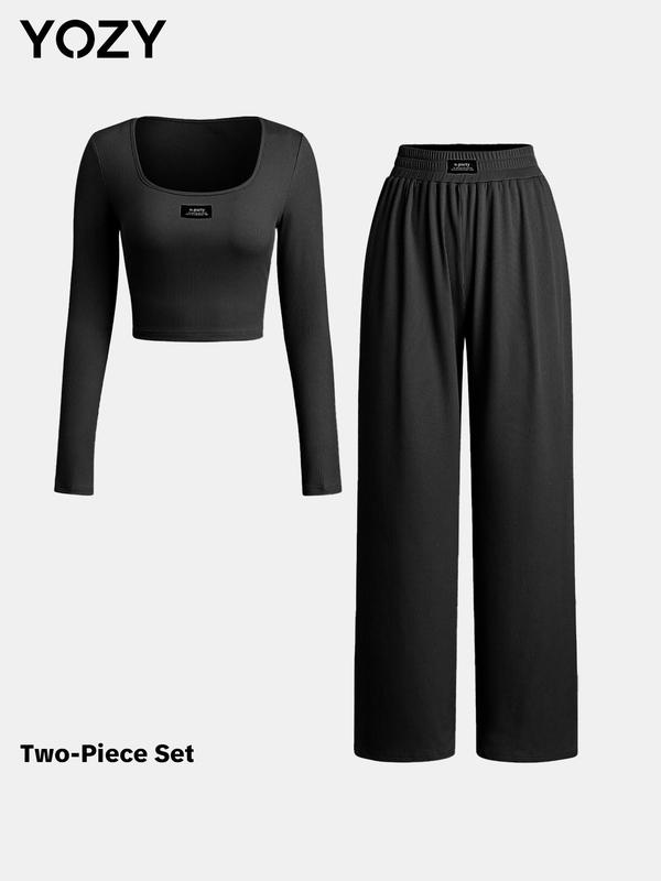 YOZY Christmas Deals, Letter Patched Crop Tee & Elastic Waist Pants Set  Casual Fashion Square Neck Long Sleeve T-Shirt & Trousers, Christmas 2024 Trend, Fall & Winter Outfits