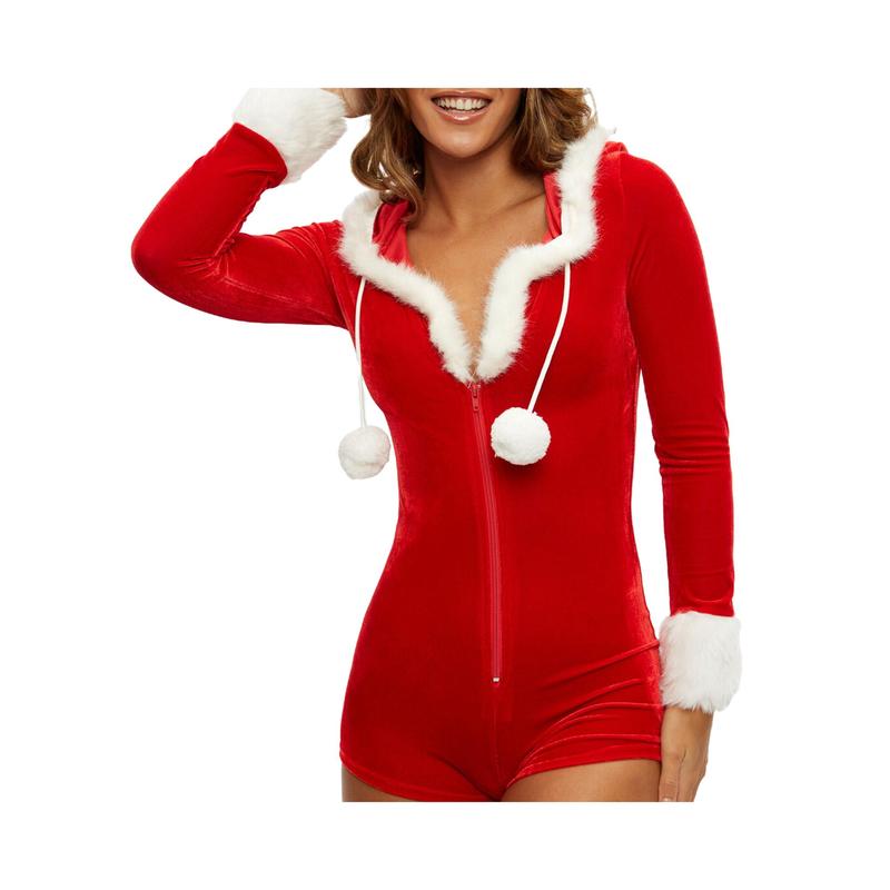 Women´s Christmas Shorts Hood Bodysuit, Contrast Color Plush Trim V-Neck Long Sleeve Zipper ClosureFit Jumpsuit