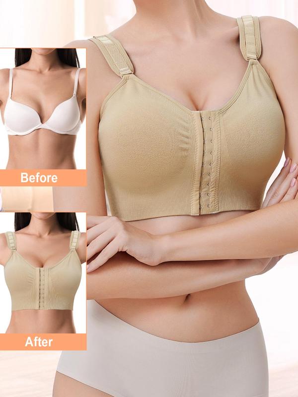 Women's Adjustable Buckle Front Wireless Bra, Basic Solid Color Seamless Push Up Lingerie Top, Soft Comfy Breathable Lingerie for Women