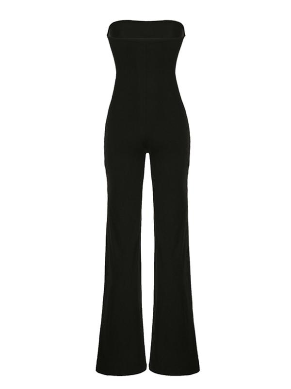 Women's Solid Flare Leg Bandeau Jumpsuit, Casual Sleeveless Jumpsuit for Daily Wear, Ladies Clothes for All Seasons