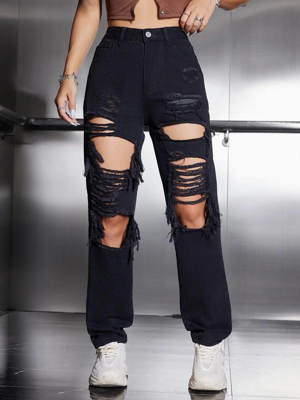 Women's High Waist Ripped Baggy Jeans, Fashion Casual Distressed Straight Leg Denim Pants, Destroyed Hole Jeans, Lady Summer Bottoms for Daily Wear Streetwear