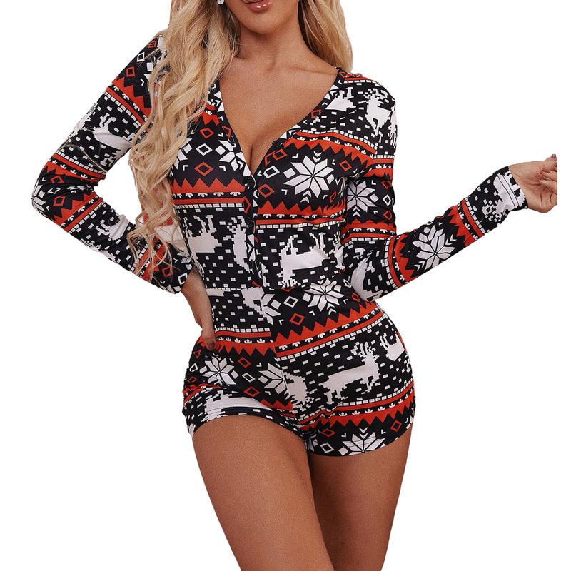 Women Christmas V-Neck Shorts Jumpsuit  Bodysuit Pajama Long Sleeve Bodycon Rompers Overall Xmas Playsuits Party Clubwear Women's Christmas Women's Christmas