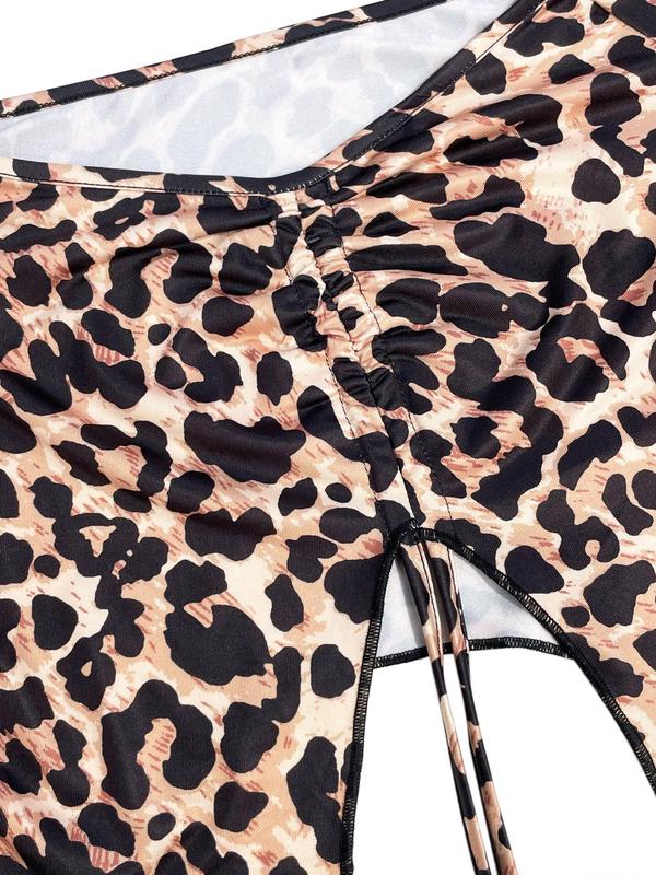 Women's Leopard-print Tie Side Crop Top, Fashion Casual Long Sleeve Tee for Daily Outdoor Wear, Women Clothing for Spring Fall