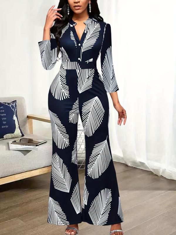 Women's Leaf Print Button Front Notched V Neck Long Sleeve Fitted Jumpsuit, Jumpsuit for Women, Elegant Casual Chic Wide Leg Jumpsuit for Spring & Fall, Please Purchase A Size Up