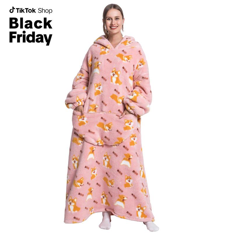 Women Casual Nightgown Dress, Cartoon Printed Long Sleeve Pockets Hooded Pajama Robe，Super Long Hoodie,Blanket Flannel,Women's Pullover Sweatshirts,Oversized fit,Velvet Warm Hoodies,Unisex