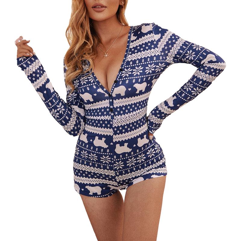 Women Christmas V-Neck Shorts Jumpsuit  Bodysuit Pajama Long Sleeve Bodycon Rompers Overall Xmas Playsuits Party Clubwear Women's Christmas Women's Christmas