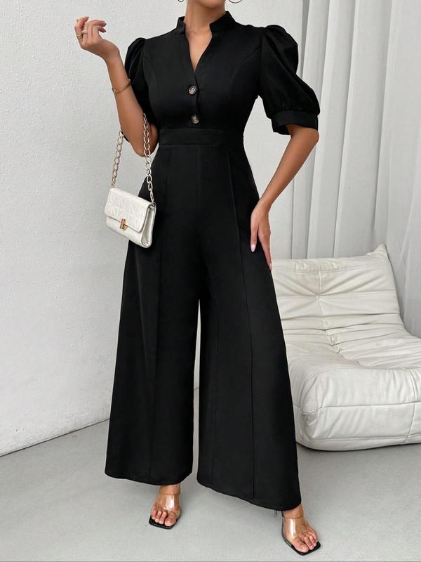 Women's Plain Notched Neck Puff Sleeve Jumpsuit, Casual Half Sleeve Button Front Jumpsuit for Spring & Fall, Women's Clothes for Daily Wear