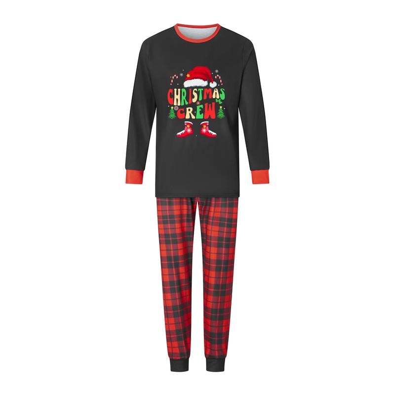 2025 Christmas Family Pajamas Matching Set Letter Santa Hat Print Long Sleeve Tops and Plaid Pants Sleepwear