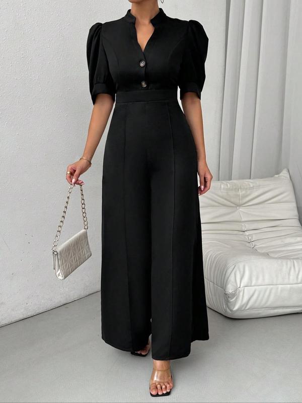 Women's Plain Notched Neck Puff Sleeve Jumpsuit, Casual Half Sleeve Button Front Jumpsuit for Spring & Fall, Women's Clothes for Daily Wear