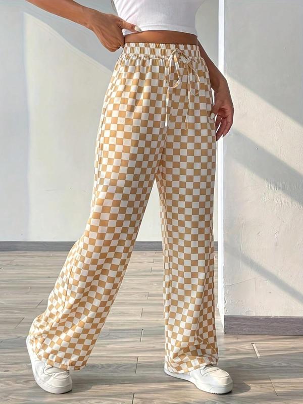 Women's Checkerboard Print Drawstring Waist Pants, Casual Elastic Waist Pocket Trousers for Fall & Winter, Women's Bottoms for Daily Wear Downtown Girl Clothes, Downtown Girl Clothes