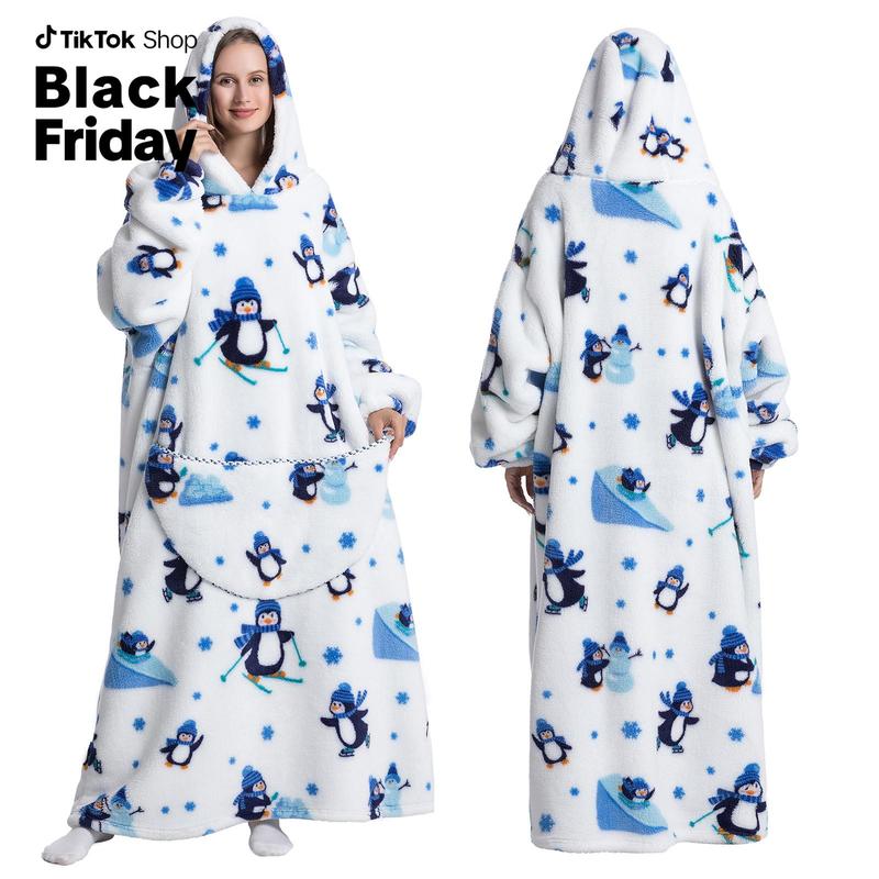 Women Casual Nightgown Dress, Cartoon Printed Long Sleeve Pockets Hooded Pajama Robe，Super Long Hoodie,Blanket Flannel,Women's Pullover Sweatshirts,Oversized fit,Velvet Warm Hoodies,Unisex