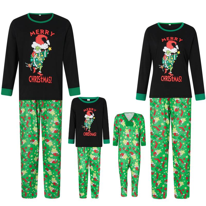 2024 New Christmas Pajamas for Family Long Sleeve Cartoon Print Tops + Trousers Set Winter Holiday Homewear Sleepwear Loungewear Nightwear Xmas Pj's Clothes Womenswear Baby