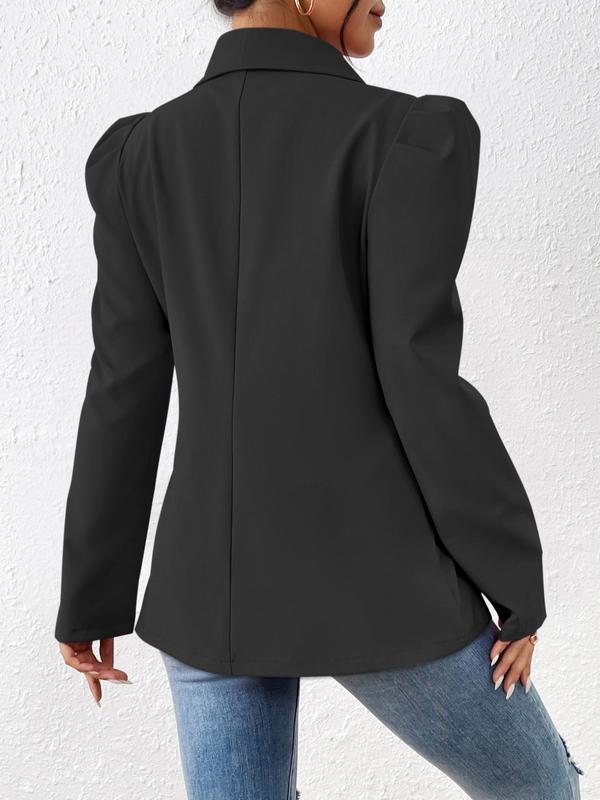 Women's Solid Single Button Puff Sleeve Shawl Collar Blazer, Elegant Long Sleeve Flap Detail Outerwear for Fall & Winter, Women's Clothing for Daily Wear, Blazer for Women