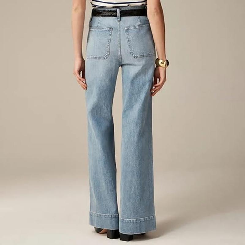 Tummy Control Sailor Wide Leg Trouser, Chiccurva Jeans, Wide Leg Cropped Denim Pants with Pocket