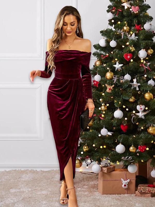 Women's Off The Shoulder Ruched Split Thigh Velvet Dress, Elegant Wrap Long Sleeve Dress for Party Club Dating Wear, Women's Clothing for Fall & Winter