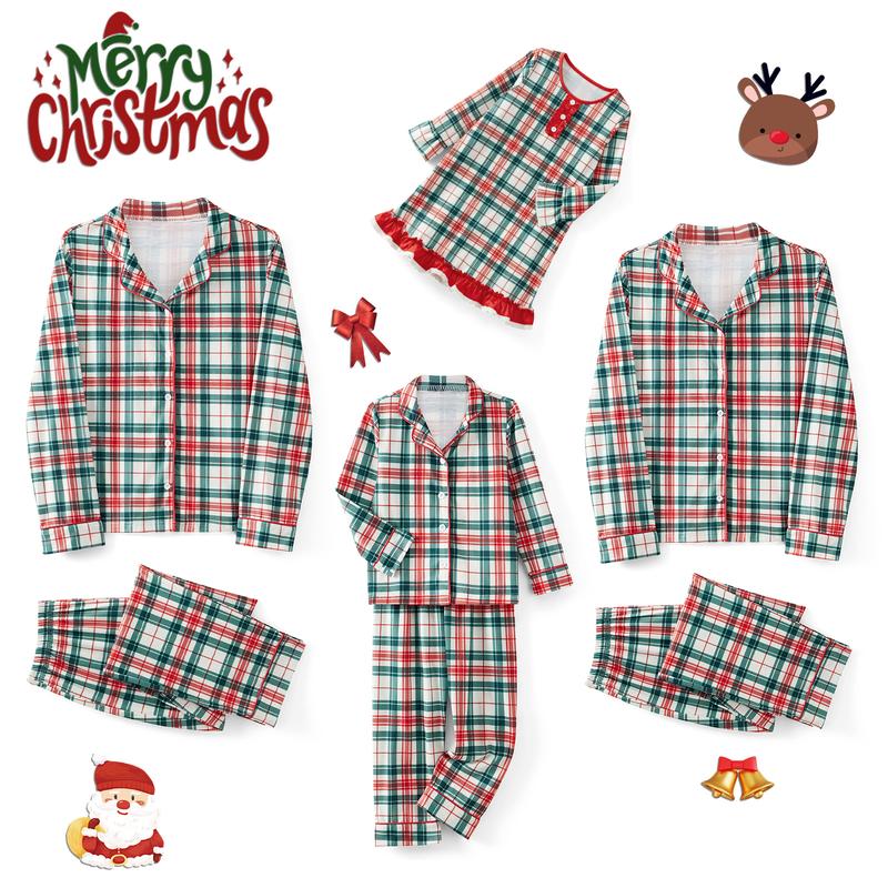 Family Matching Christmas Pajamas Set Plaid Print Holiday Pajamas Sleepwear Tops Pants Dress