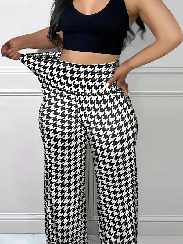 Plus Size Houndstooth Print High Waist Wide Leg Vintage Pants, Plus Casual Printed High Rise Trousers for Women, Women's Plus Bottoms for Spring & Fall