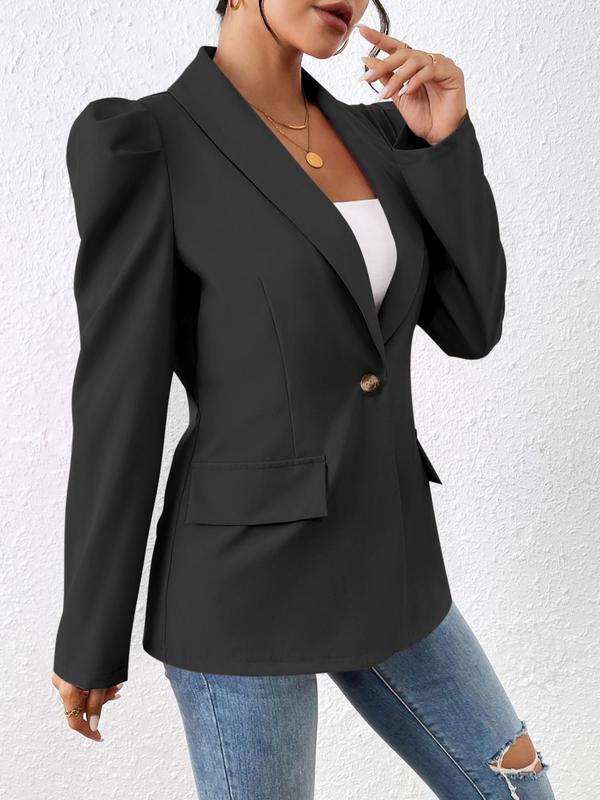 Women's Solid Single Button Puff Sleeve Shawl Collar Blazer, Elegant Long Sleeve Flap Detail Outerwear for Fall & Winter, Women's Clothing for Daily Wear, Blazer for Women