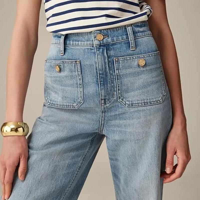 Tummy Control Sailor Wide Leg Trouser, Chiccurva Jeans, Wide Leg Cropped Denim Pants with Pocket