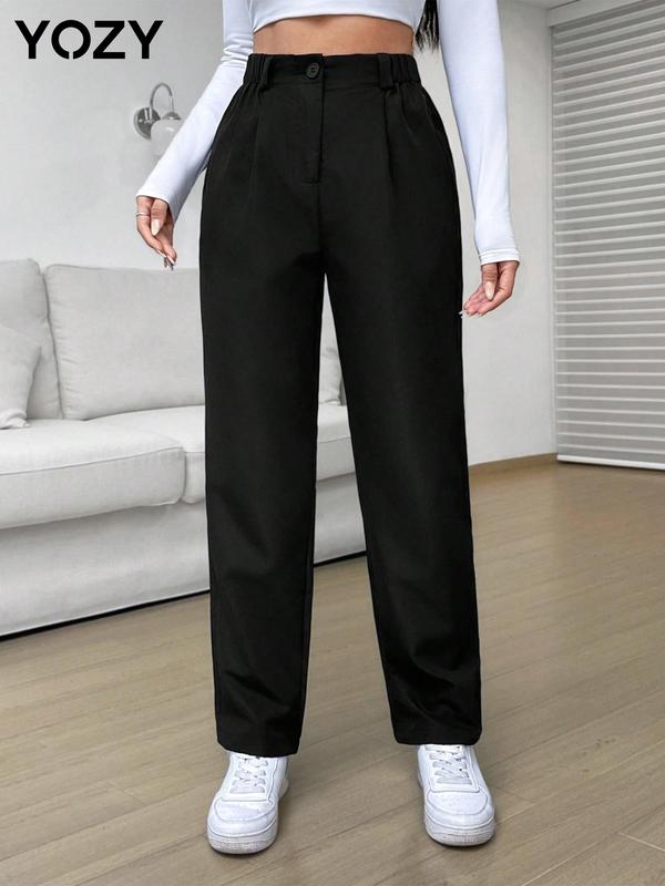 YOZY [Size 4-14] Solid Button Pleated Straight Leg Pants  Casual Elastic Waist Trousers, 2024 Women's All Seasons Outfits for Daily Outdoor Wear, [S-XXL]