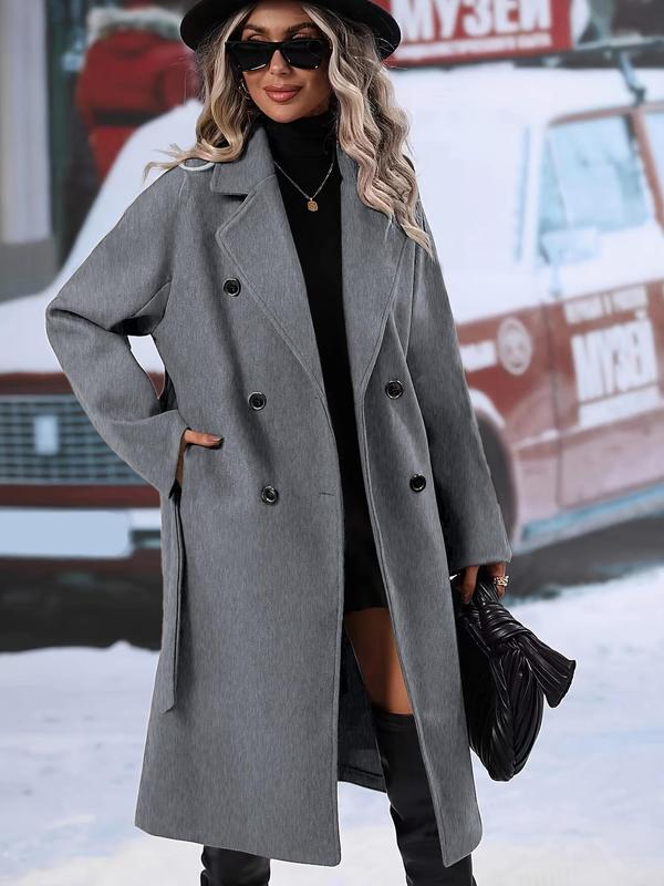 Women's Solid Double Button Belted Overcoat, Elegant Fashion Pocket Knot Front Long Coat for Daily Outdoor Wear, Women Clothing for Fall & Winter