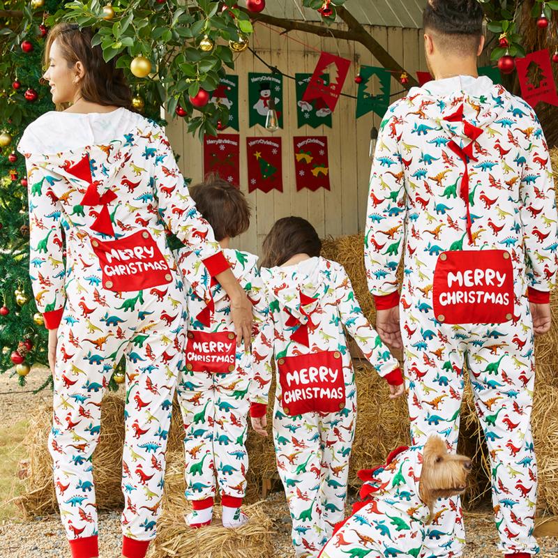 PatPat Christmas PJs Dinosaur Print Family Matching Long-sleeve Pajama Set Hooded Onesies Family Clothing Pajamas Sets (Flame Resistant)