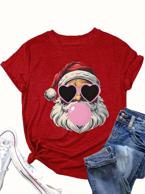  Santa Claus Print Round Neck Tee, Casual Short Sleeve Crew Neck T-shirt for Daily Wear, Women Clothing for All Seasons