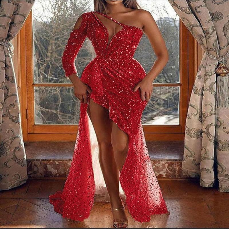 Women's Dream Socialite Gathering Party Character High Slit Long Sleeve Sequined Banquet Evening Dress