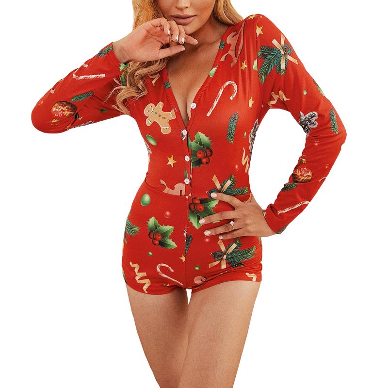 Women Christmas V-Neck Shorts Jumpsuit  Bodysuit Pajama Long Sleeve Bodycon Rompers Overall Xmas Playsuits Party Clubwear Women's Christmas Women's Christmas