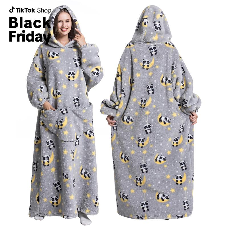 Women Casual Nightgown Dress, Cartoon Printed Long Sleeve Pockets Hooded Pajama Robe，Super Long Hoodie,Blanket Flannel,Women's Pullover Sweatshirts,Oversized fit,Velvet Warm Hoodies,Unisex